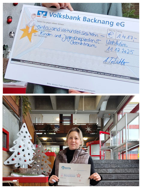 Das Bild zeigt zwei Szenen. Die obere Hälfte zeigt eine Person, die einen Scheck der 