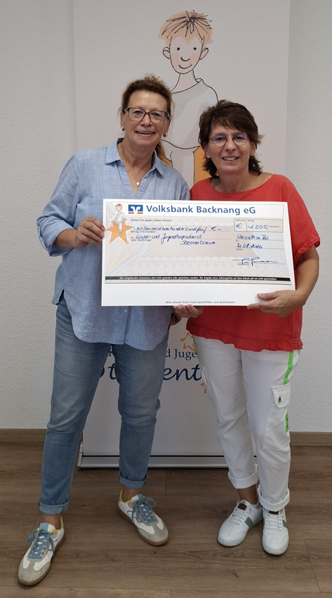 Zwei Frauen halten glücklich einen großen Scheck der Volksbank Backnang eG in Höhe von 1.205 Euro.
