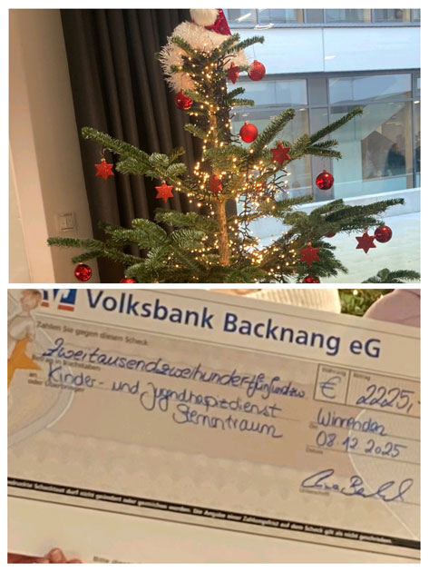 Das Bild zeigt eine Collage aus zwei Aufnahmen. Oben ist ein Weihnachtsbaum zu sehen, der mit roten Kugeln und Sternen geschmückt ist und eine Lichterkette hat. Auf der Spitze des Baumes befindet sich eine Art weiße Dekoration mit einer roten Weihnachtsmannmütze. Im Vordergrund der unteren Aufnahme sieht man einen Scheck der Volksbank Backnang eG über 2225 Euro. Der Scheck ist an den 