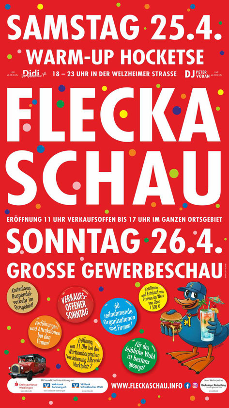 Plakat Fleckaschau 2026 am 25.04. Hocketse (18-23 Uhr) und 26.04. ab 11 Uhr Verkaufsoffener Sonntag und Große Gewebeschau