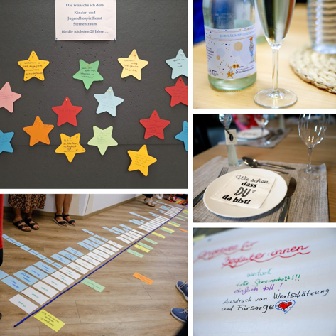 Das Bild zeigt eine Collage von vier Fotos. Das obere linke Foto zeigt eine Wand mit bunten Sternaufklebern, auf denen Nachrichten stehen. Das obere rechte Foto zeigt eine Flasche Sekt und ein Glas. Das untere linke Foto zeigt eine Zeitachse, die mit farbigen Karten angelegt ist. Das untere rechte Foto zeigt eine handgeschriebene Nachricht auf einem Blatt Papier.