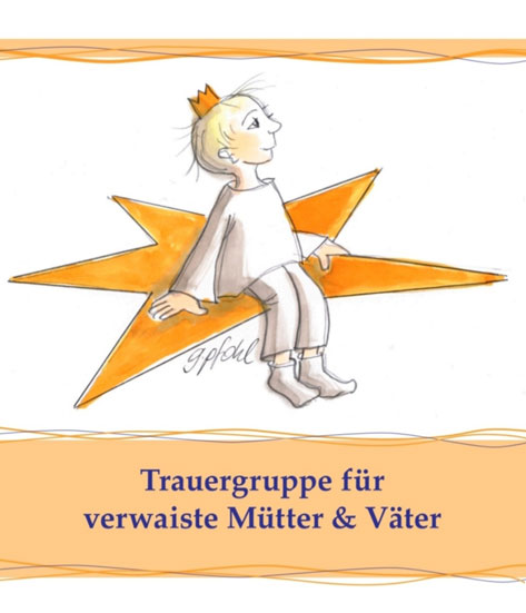Das Bild zeigt eine Zeichnung eines jungen Mannes mit einer Krone auf dem Kopf, der auf einem orangefarbenen Stern sitzt. Darunter steht in blauer Schrift: 